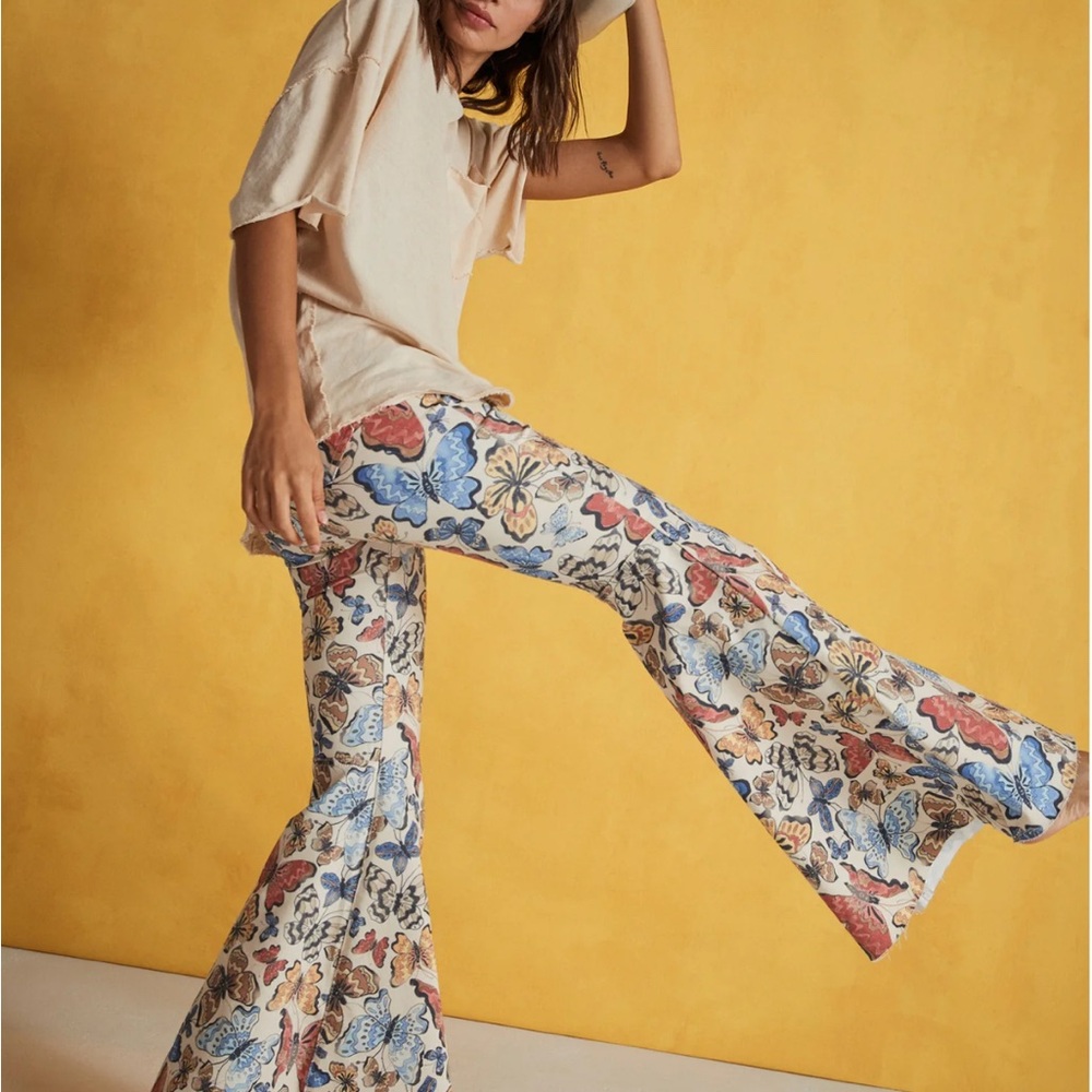 Free People Just Float On Bright Butterfly Print Flare Jeans